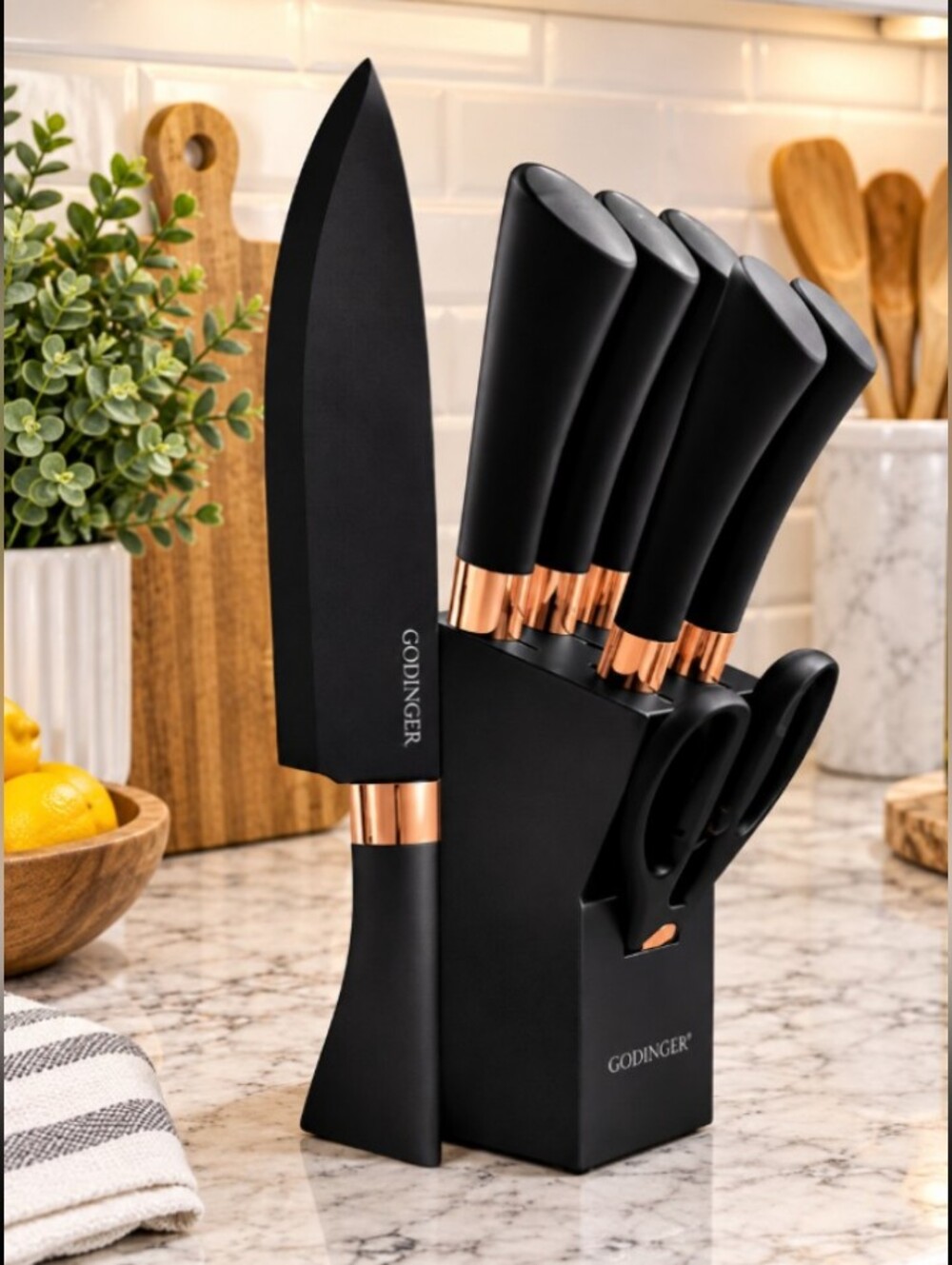 GODINGER 7 Pcs Knife Set Block & Scissors Black & Rose Gold